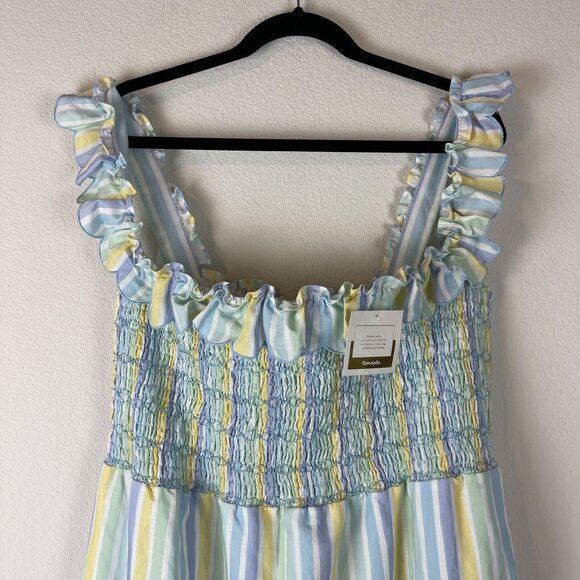 Dondolo Sam Linen Blend Dress Womens XXL Striped Smocked Ruffle Boho Peasant NEW - Picture 4 of 15